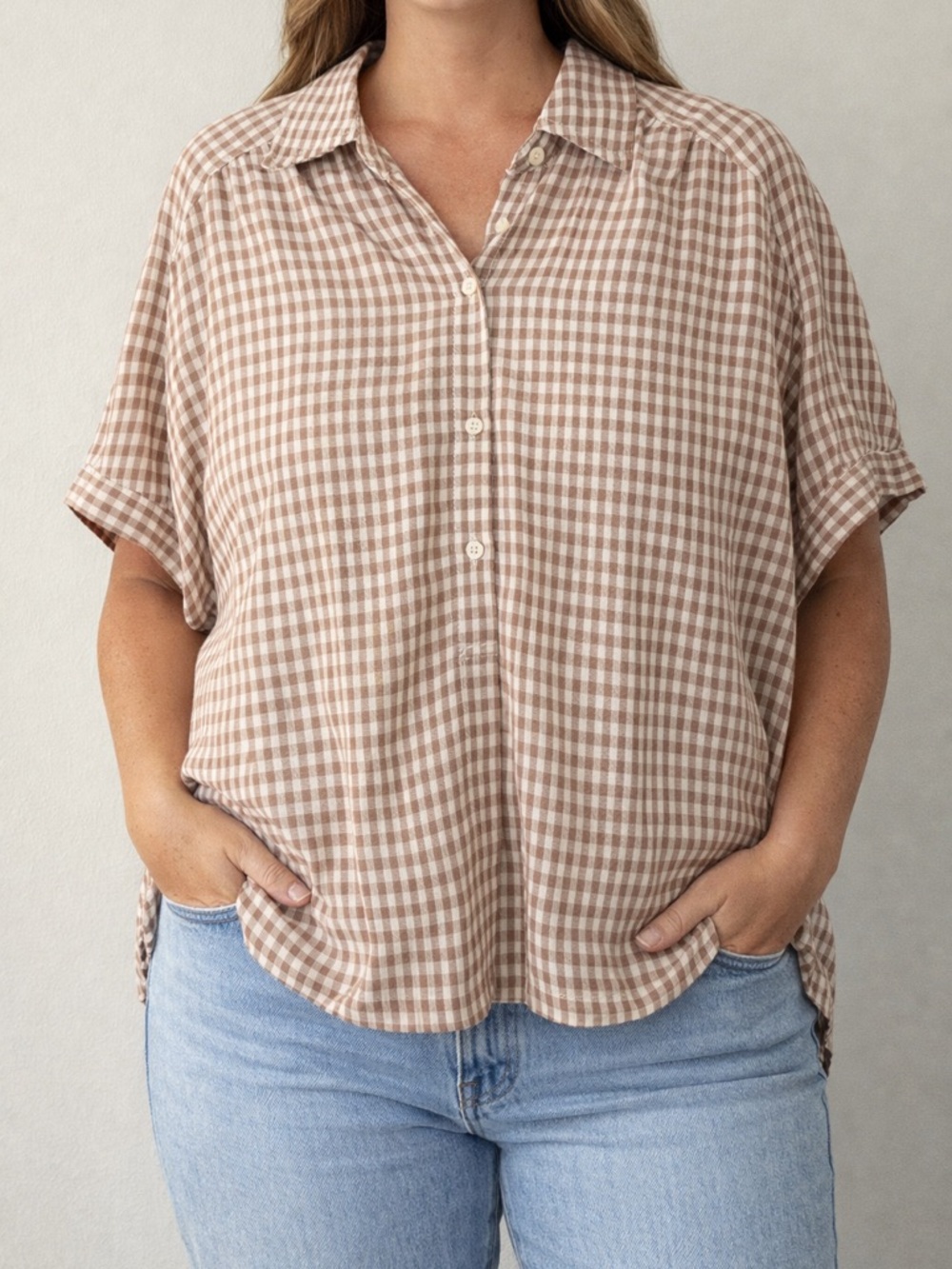 Max Studio London Gingham Linen blend Relaxed Linen Rayon Blouse Top Women’s L - Picture 2 of 15